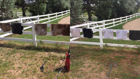 Before and after of cleaning saddle pads with a pressure washer