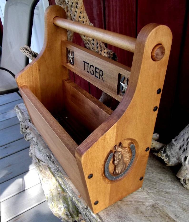 Custom wood carved horse grooming tote